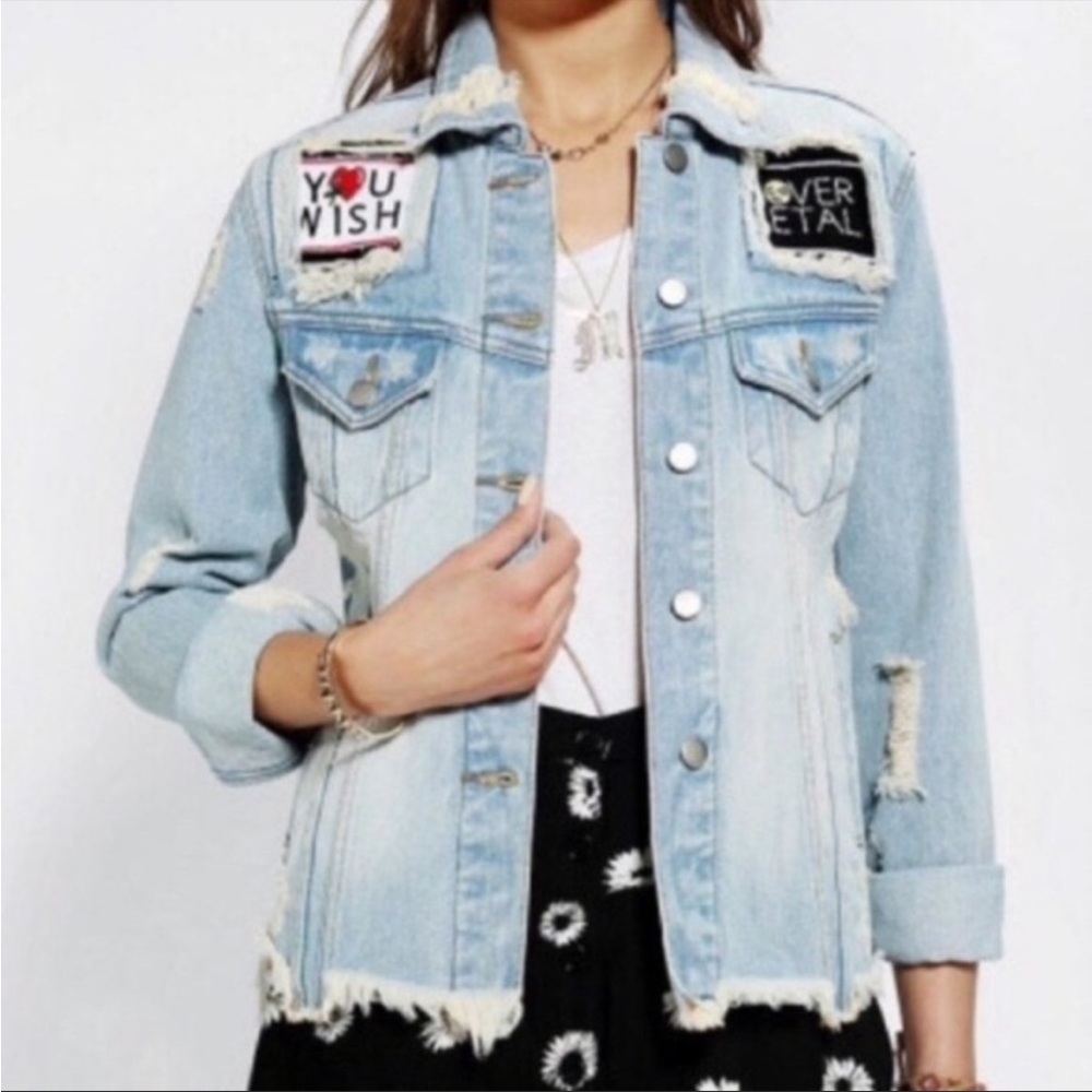UNIF-  X Uo Fornever Denim Distressed Trucker
Denim Jacket w/Patches Sz S